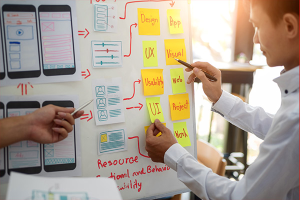 man at white board with post its